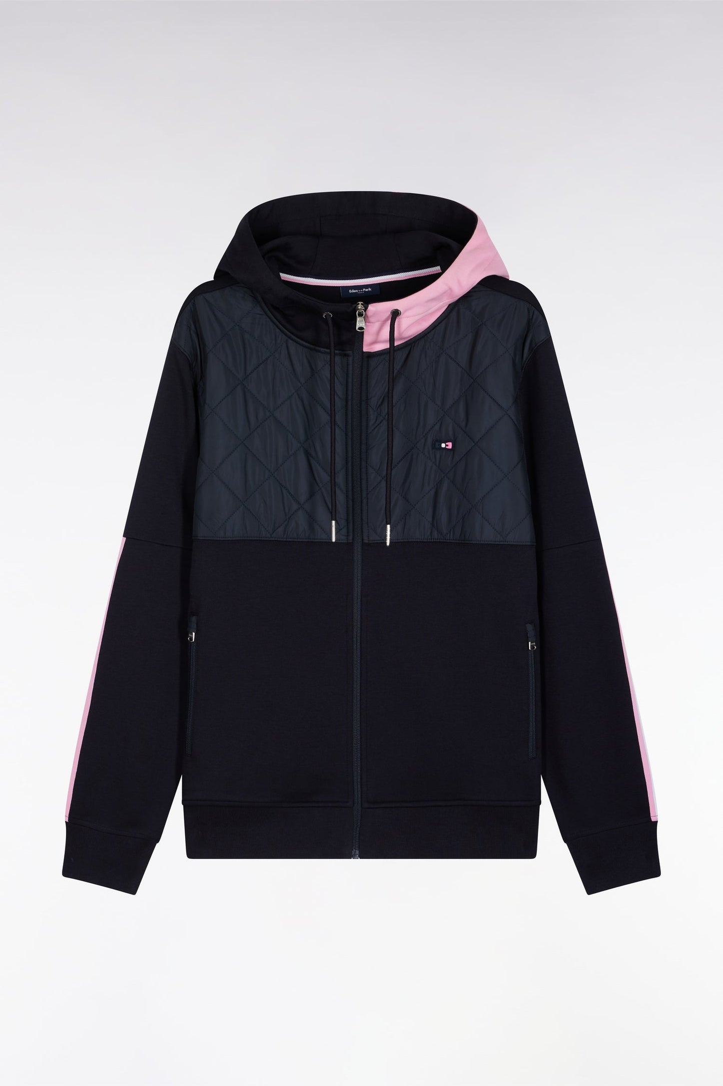 Sweatshirt zippé en interlock bimatière matelassé marine et rose