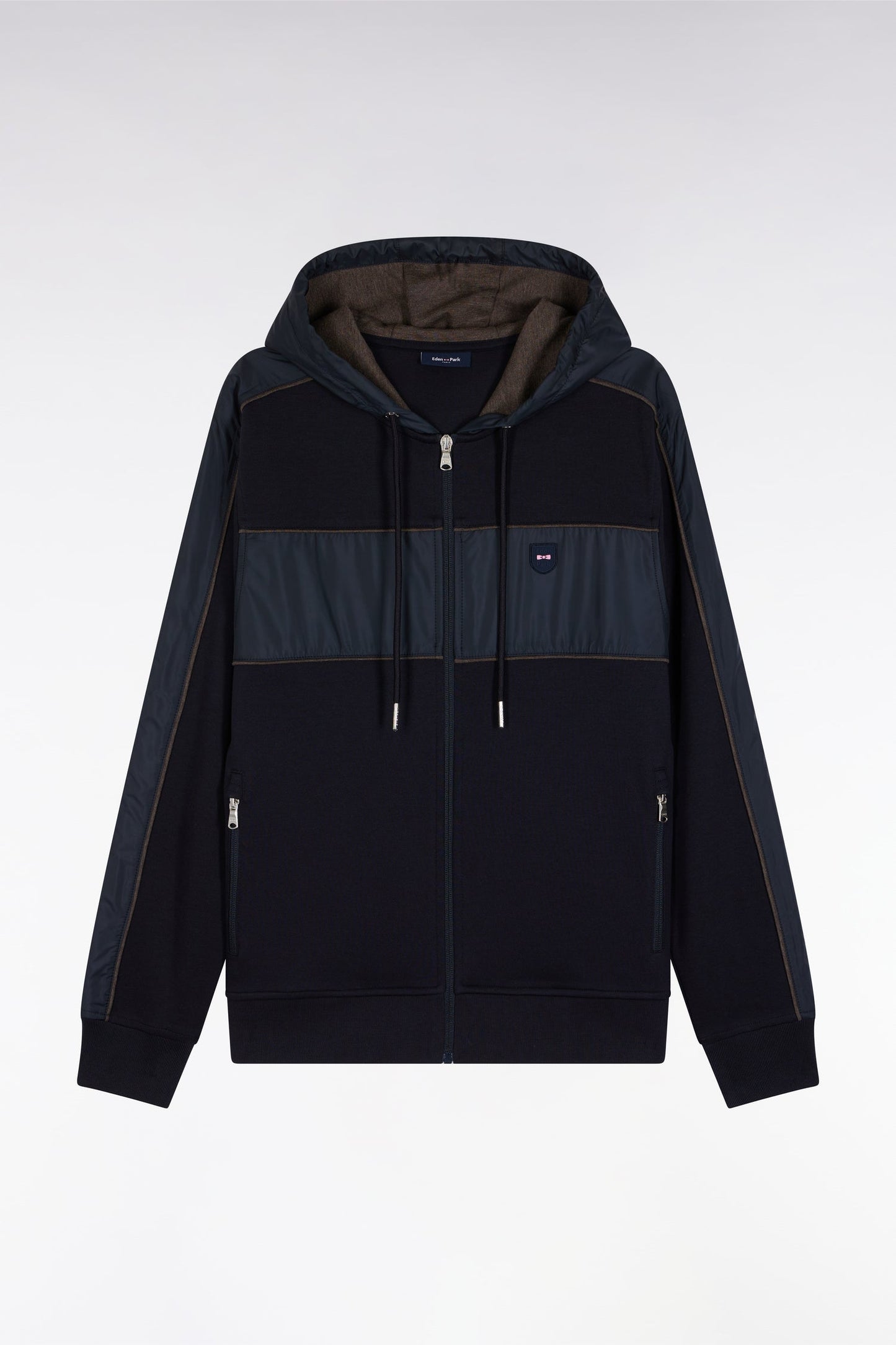 Sweatshirt zippé à capuche en molleton et nylon marine et beige