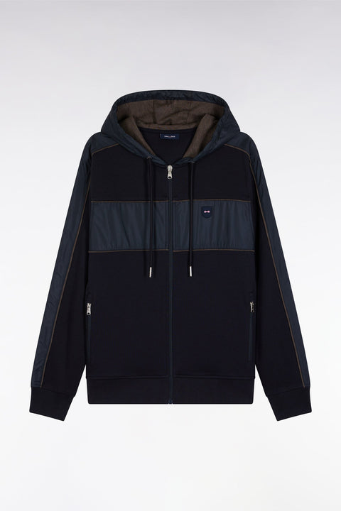 Sweatshirt zippé à capuche en molleton et nylon marine et beige - Image 2