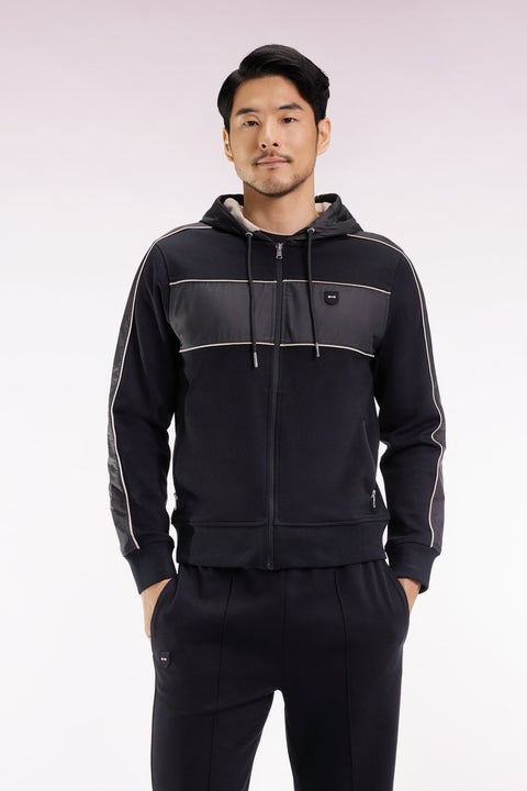 Sweatshirt zippé à capuche en molleton et nylon noir et beige - Image 1