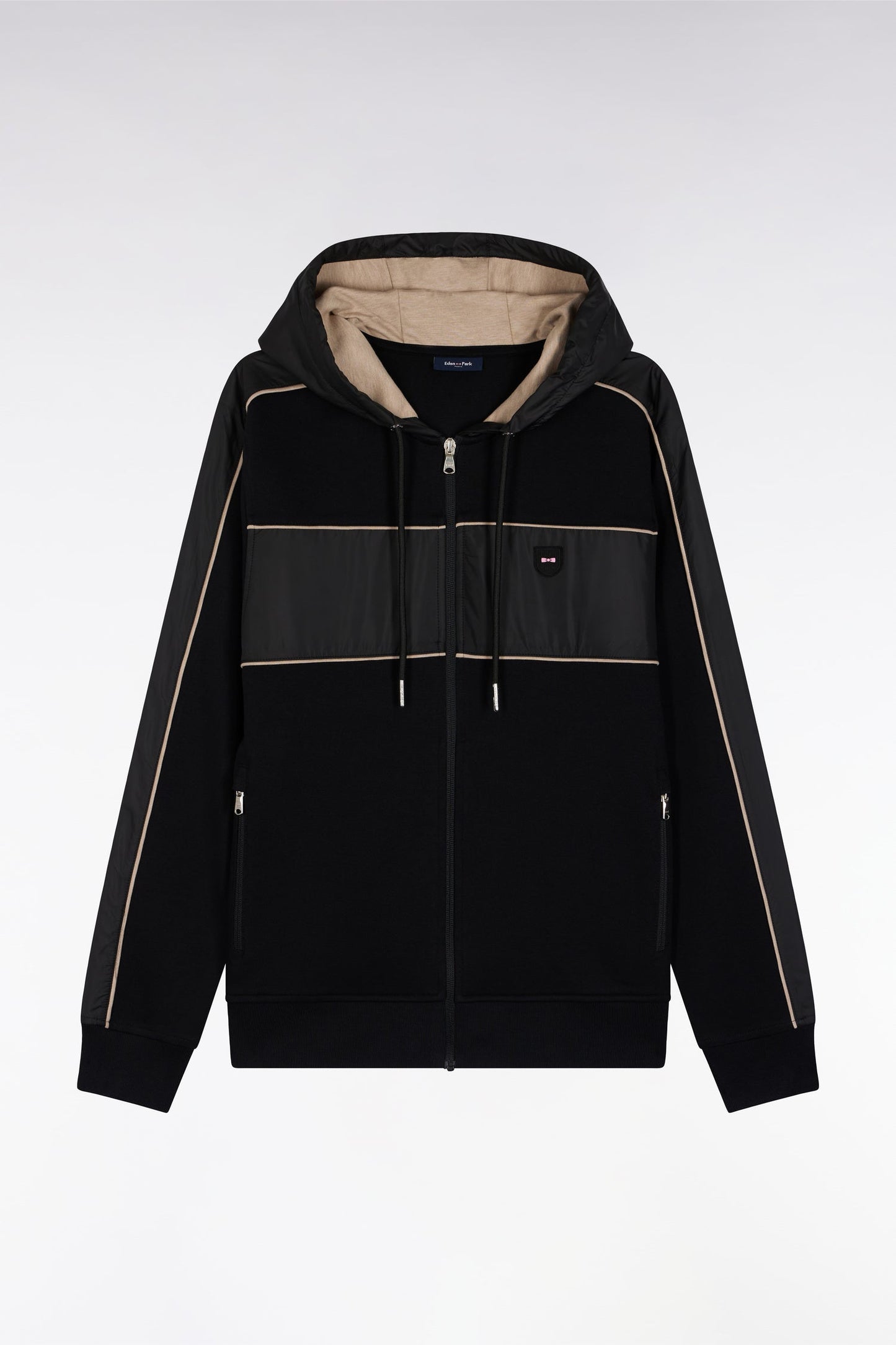 Sweatshirt zippé à capuche en molleton et nylon noir et beige