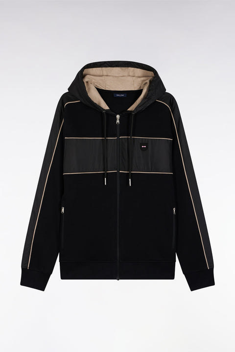 Sweatshirt zippé à capuche en molleton et nylon noir et beige - Image 2
