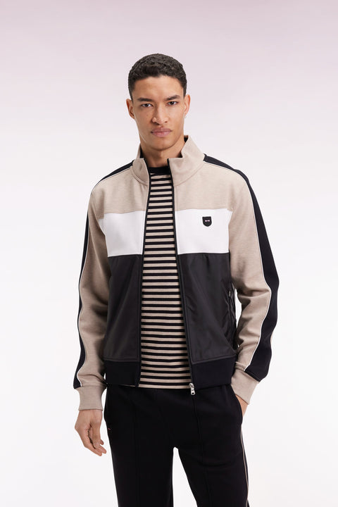 Sweatshirt zippé bimatière en nylon matelassé beige - Image 1