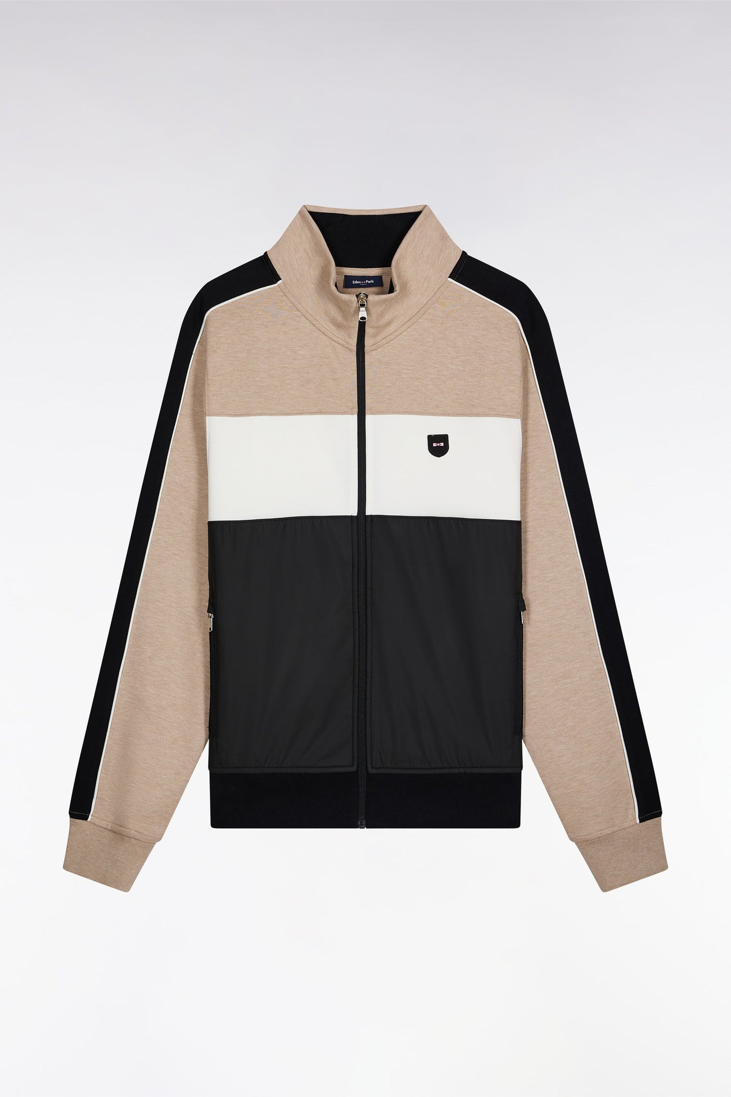 Sweatshirt zippé bimatière en nylon matelassé beige