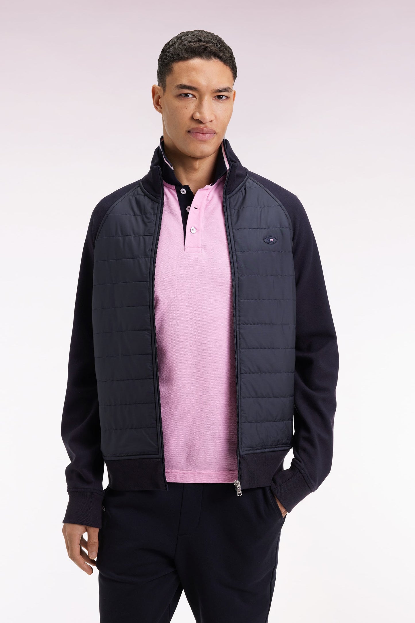 Sweatshirt zippé bimatière marine coupe droite