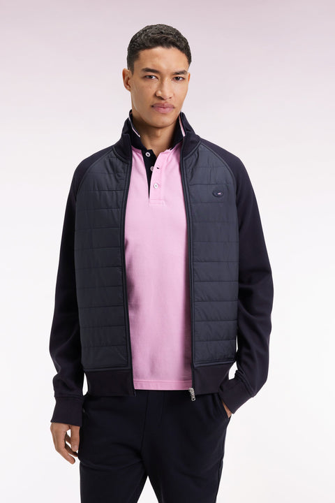 Sweatshirt zippé bimatière marine coupe droite - Image 1