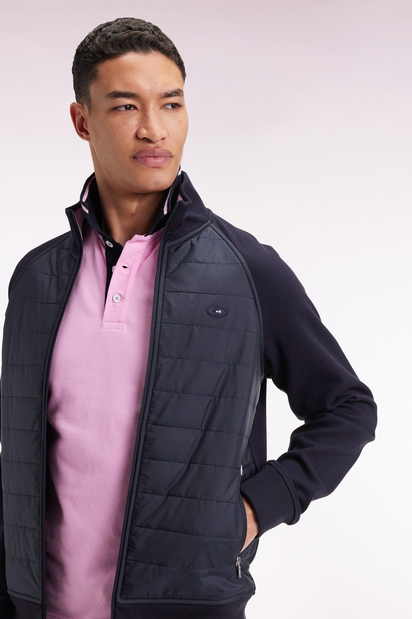 Sweatshirt zippé bimatière marine coupe droite