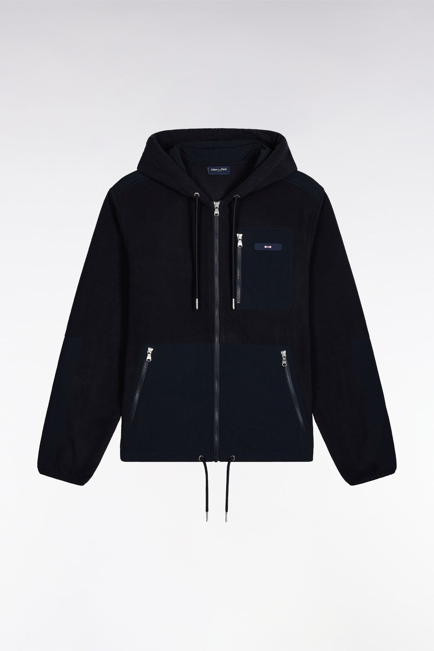 Sweatshirt zippé à capuche bimatière marine coupe droite