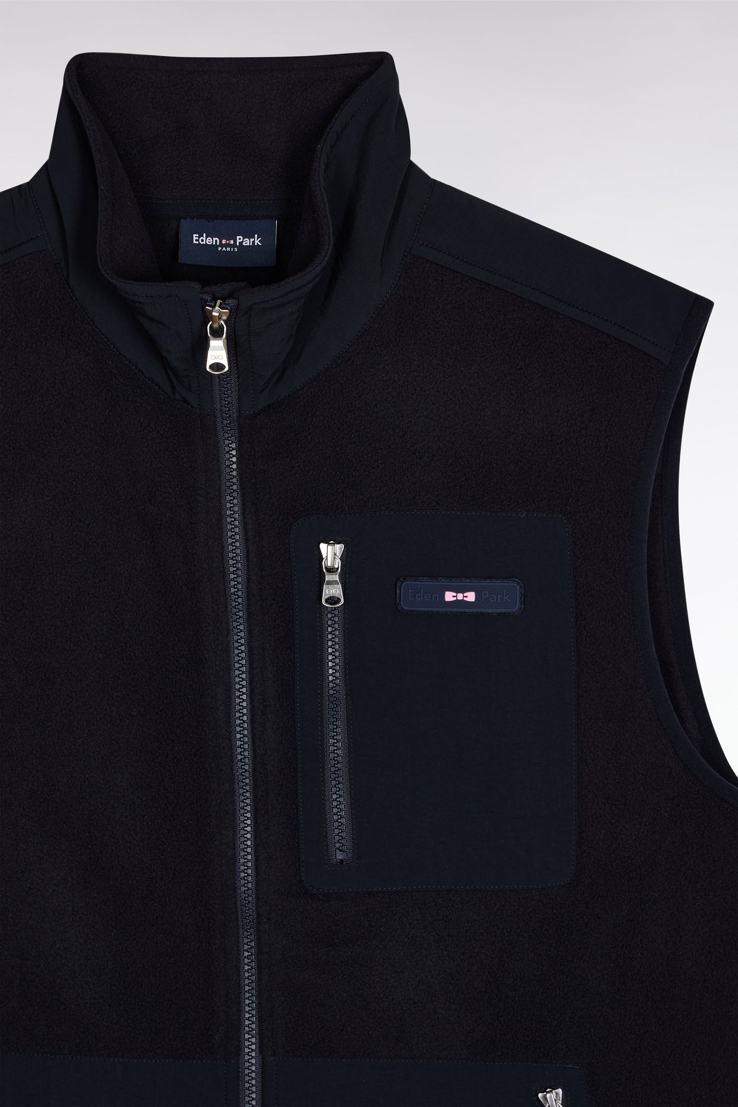 Sweatshirt sans manches zippé à capuche bimatière marine coupe droite