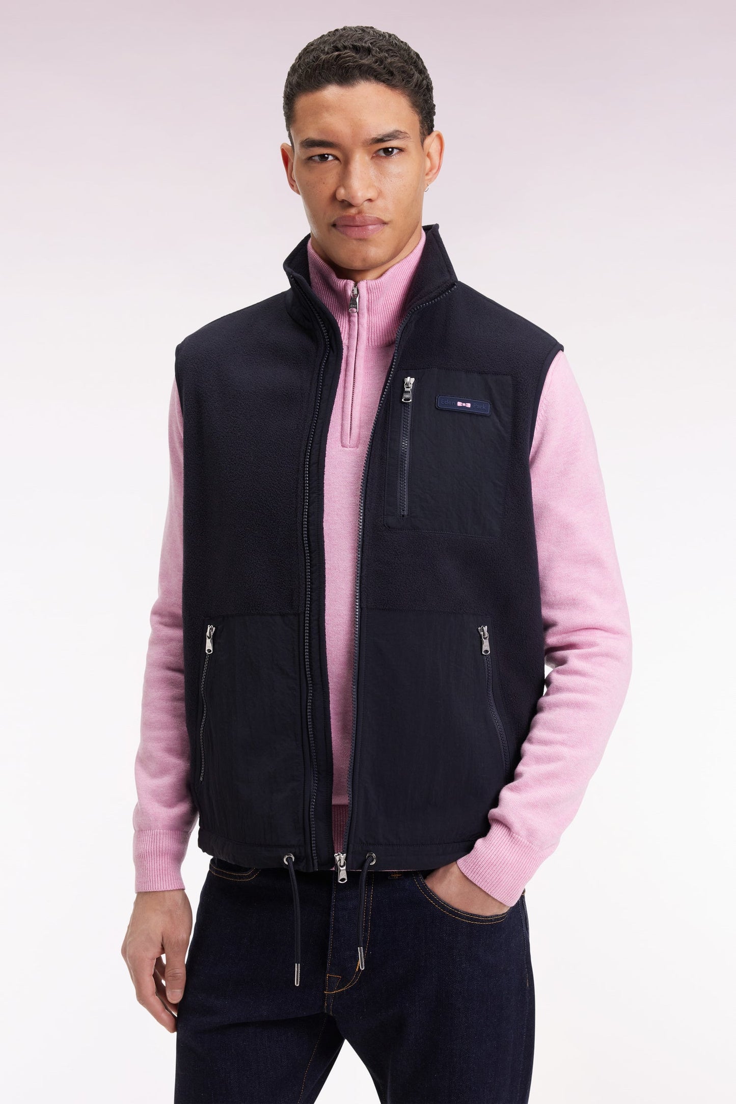 Sweatshirt sans manches zippé à capuche bimatière marine coupe droite