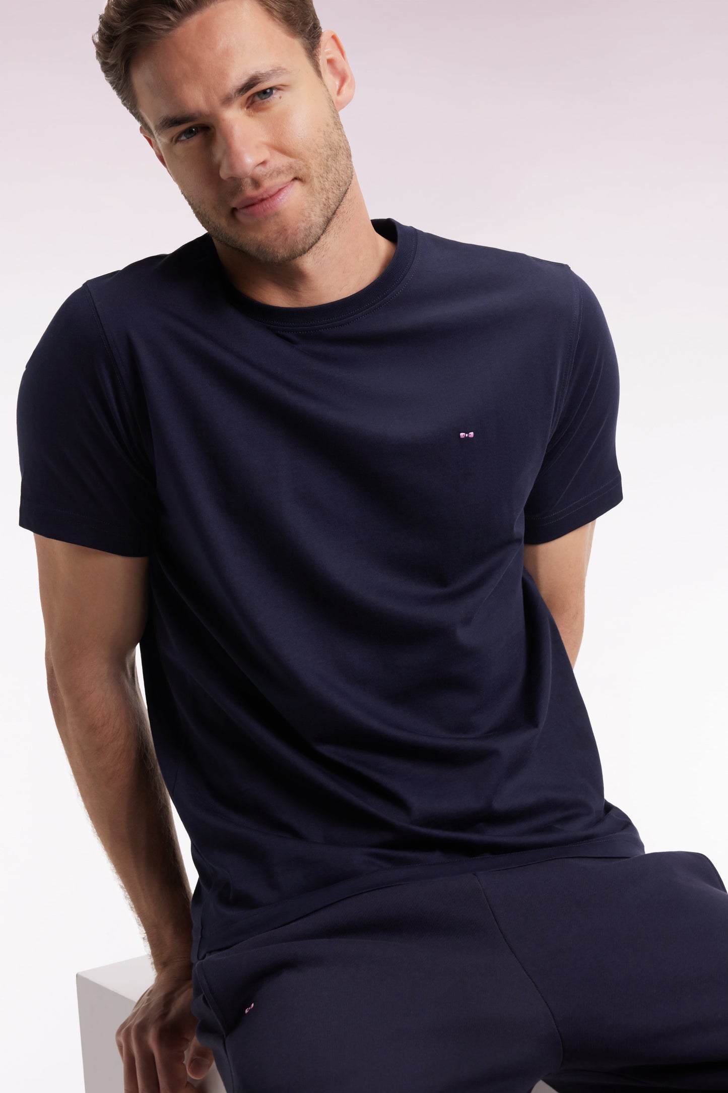 T-shirt à manches courtes broderie dos en coton Pima marine
