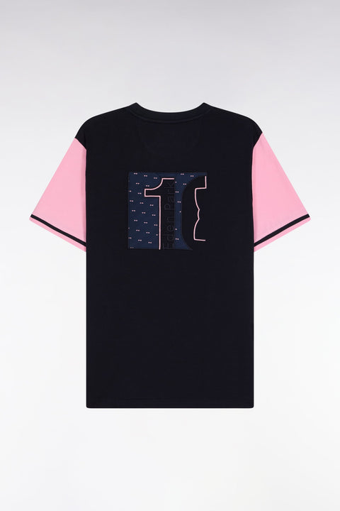T-shirt à manches courtes bicolore en coton brodé marine et rose - Image 2
