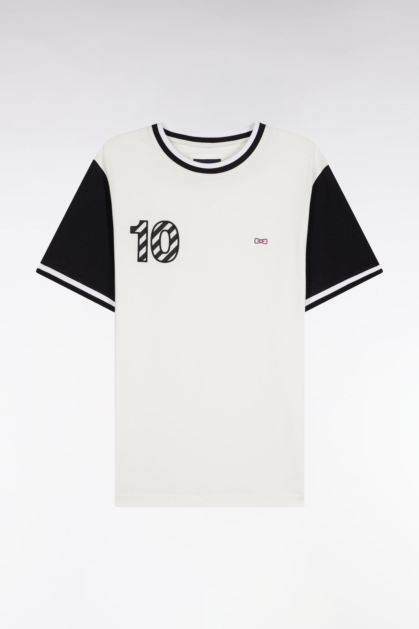 T-shirt bicolore à manches courtes en coton blanc broderie 10