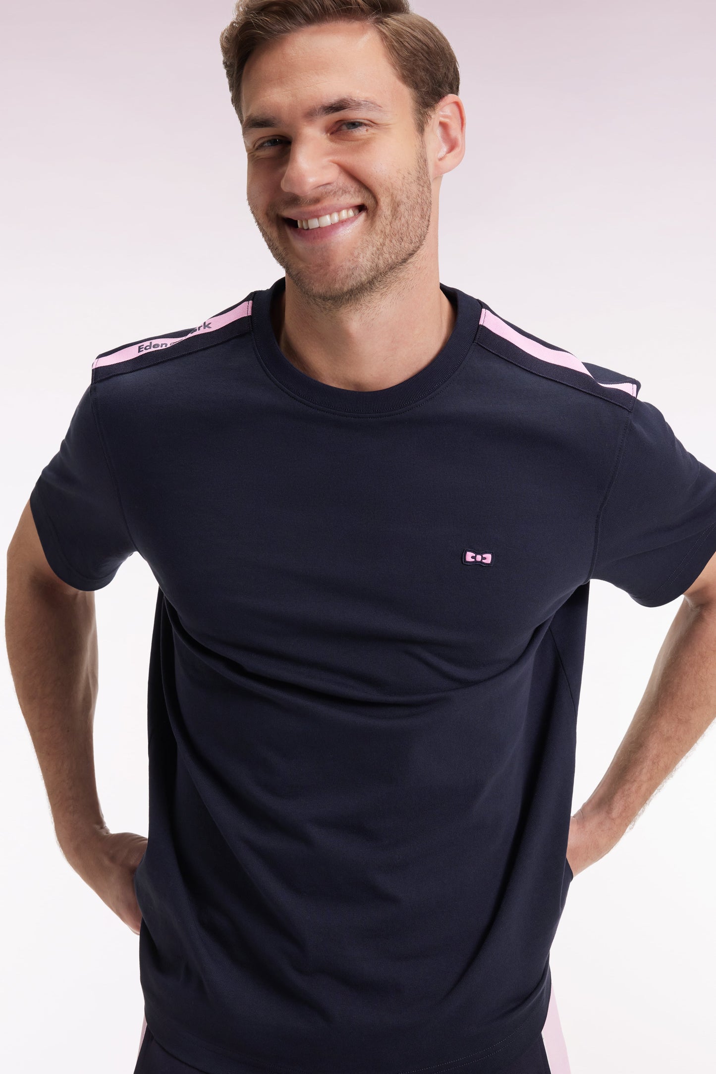 T-shirt à manches courtes en coton marine bande épaules