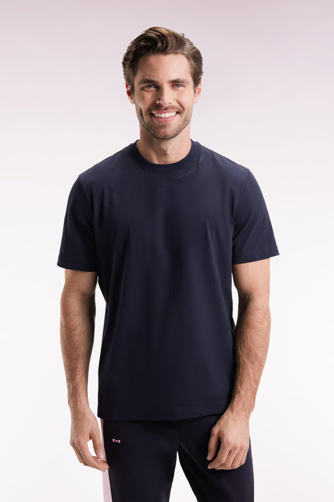 T-shirt à manches courtes en coton marine à logo - Image 1