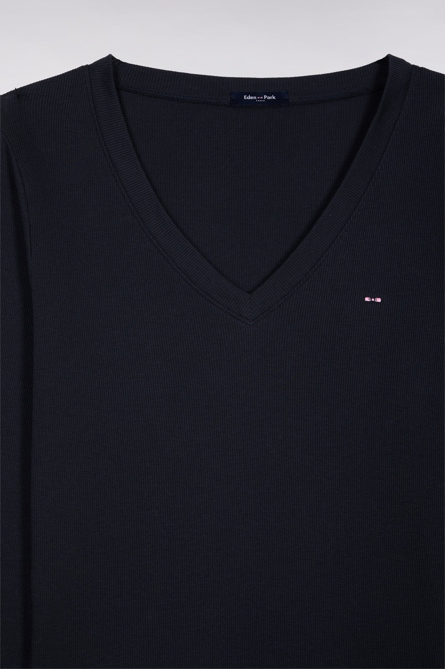T-shirt à manches longues en coton Pima côtelé marine coupe slim