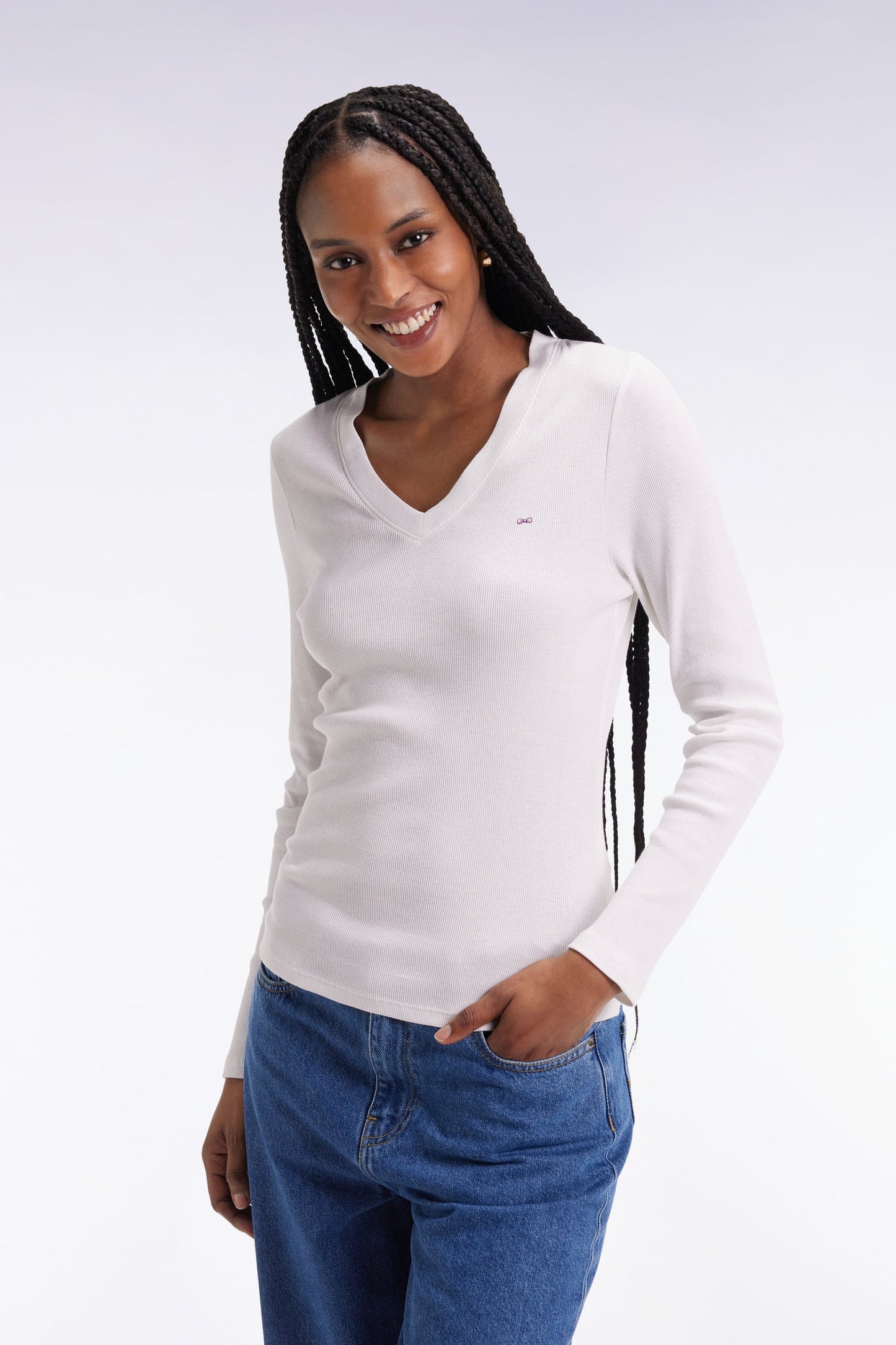 T-shirt à manches longues en coton Pima côtelé blanc coupe slim