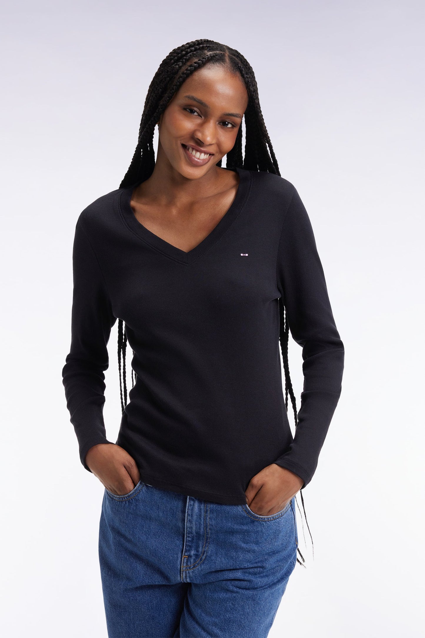 T-shirt à manches longues en coton Pima côtelé noir coupe slim