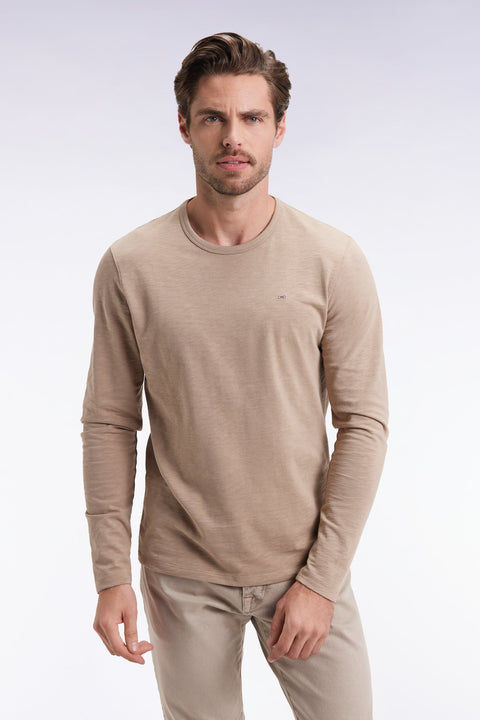 T-shirt à manches longues en coton slub beige - Image 1