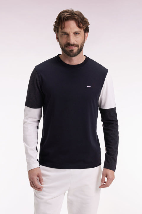 T-shirt à manches longues en coton noir colorblock blanc et gris - Image 1