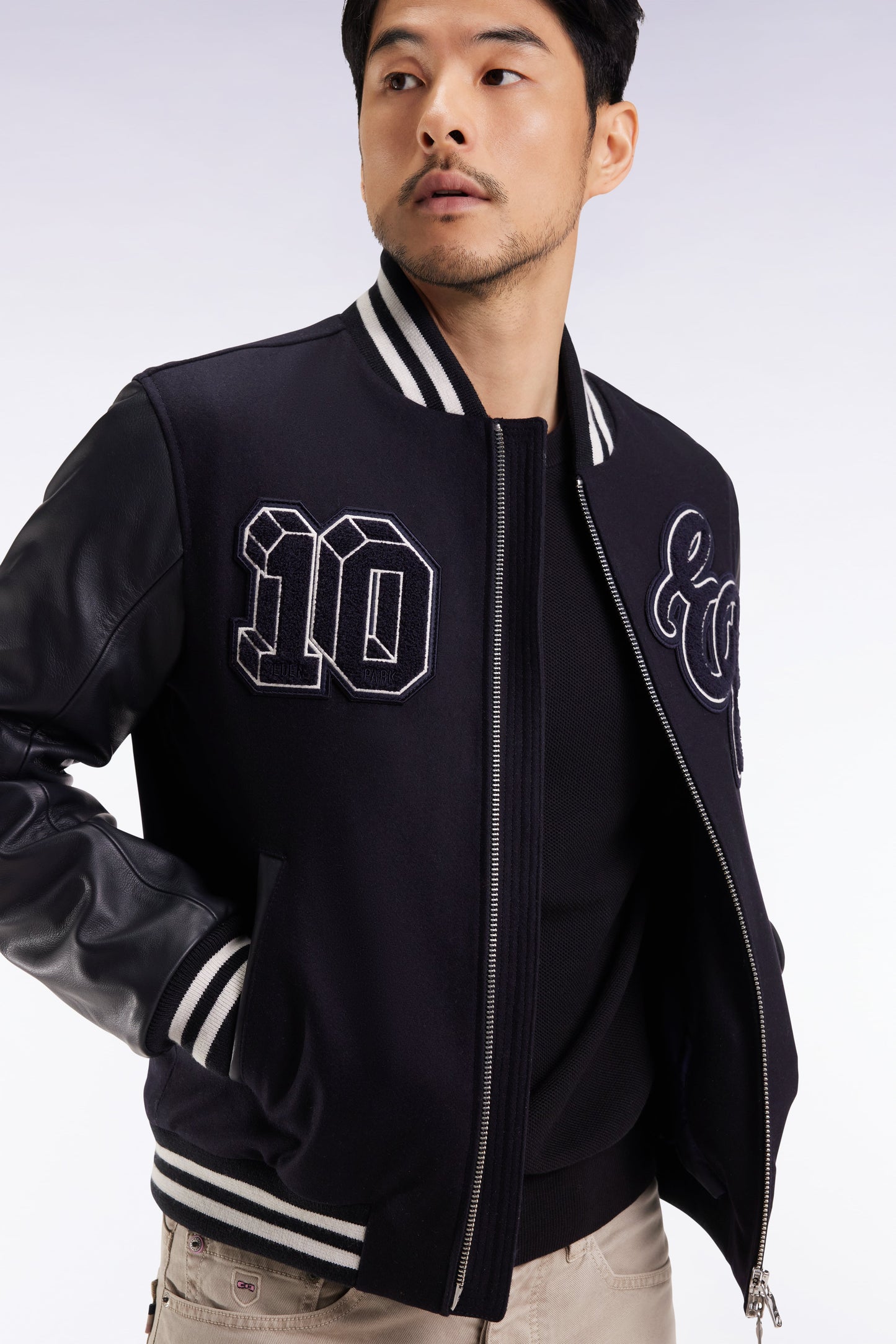 Blouson teddy bimatière manches cuir marine