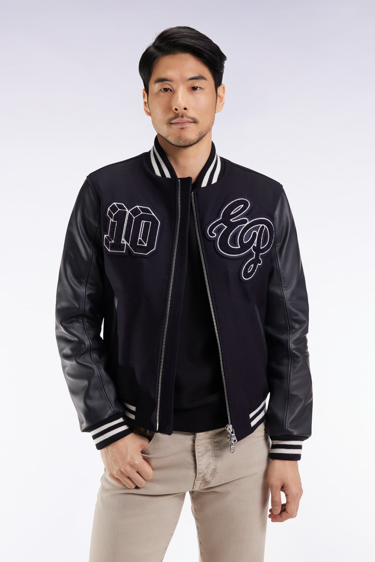 Blouson teddy bimatière manches cuir marine
