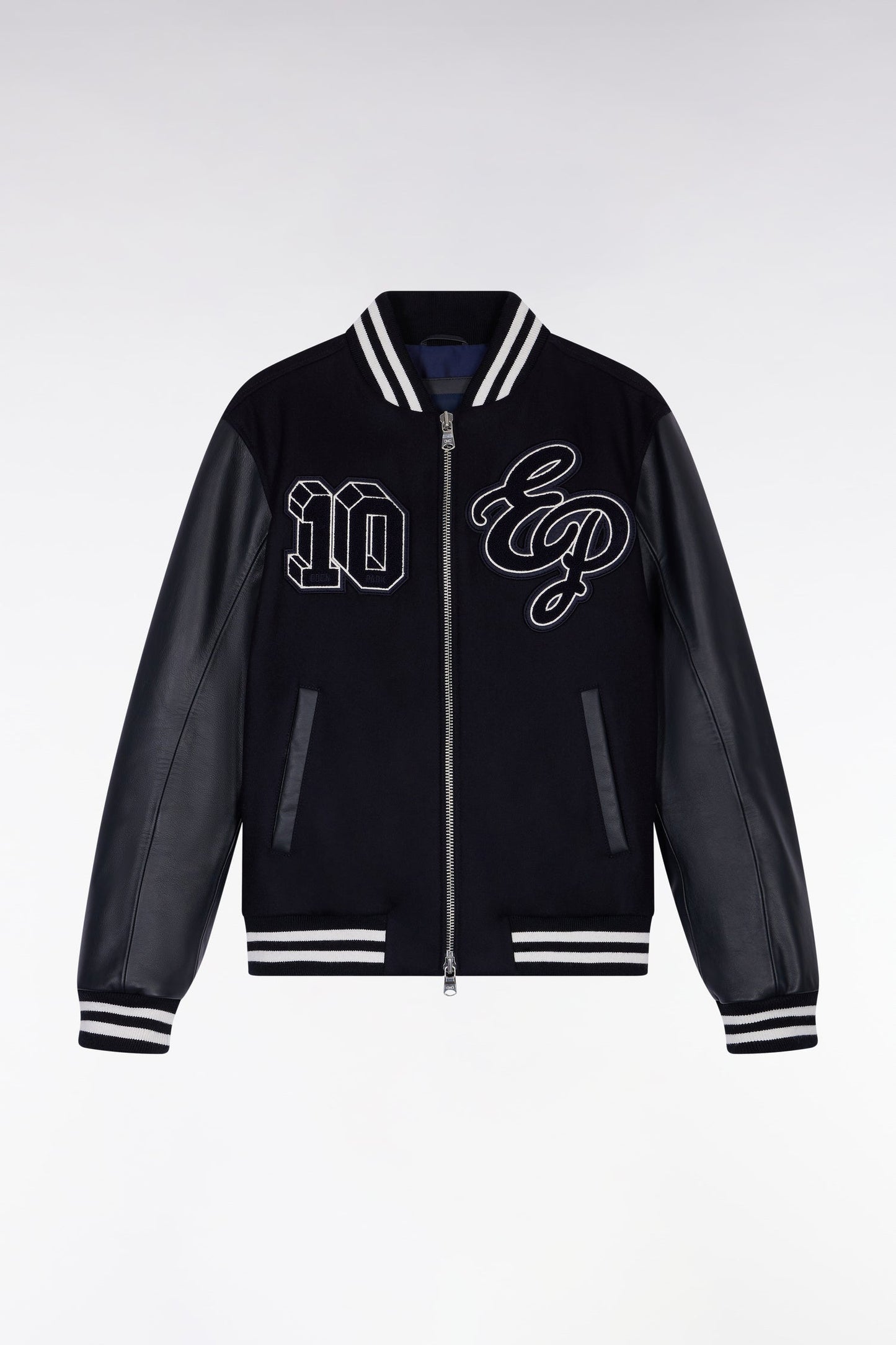 Blouson teddy bimatière manches cuir marine