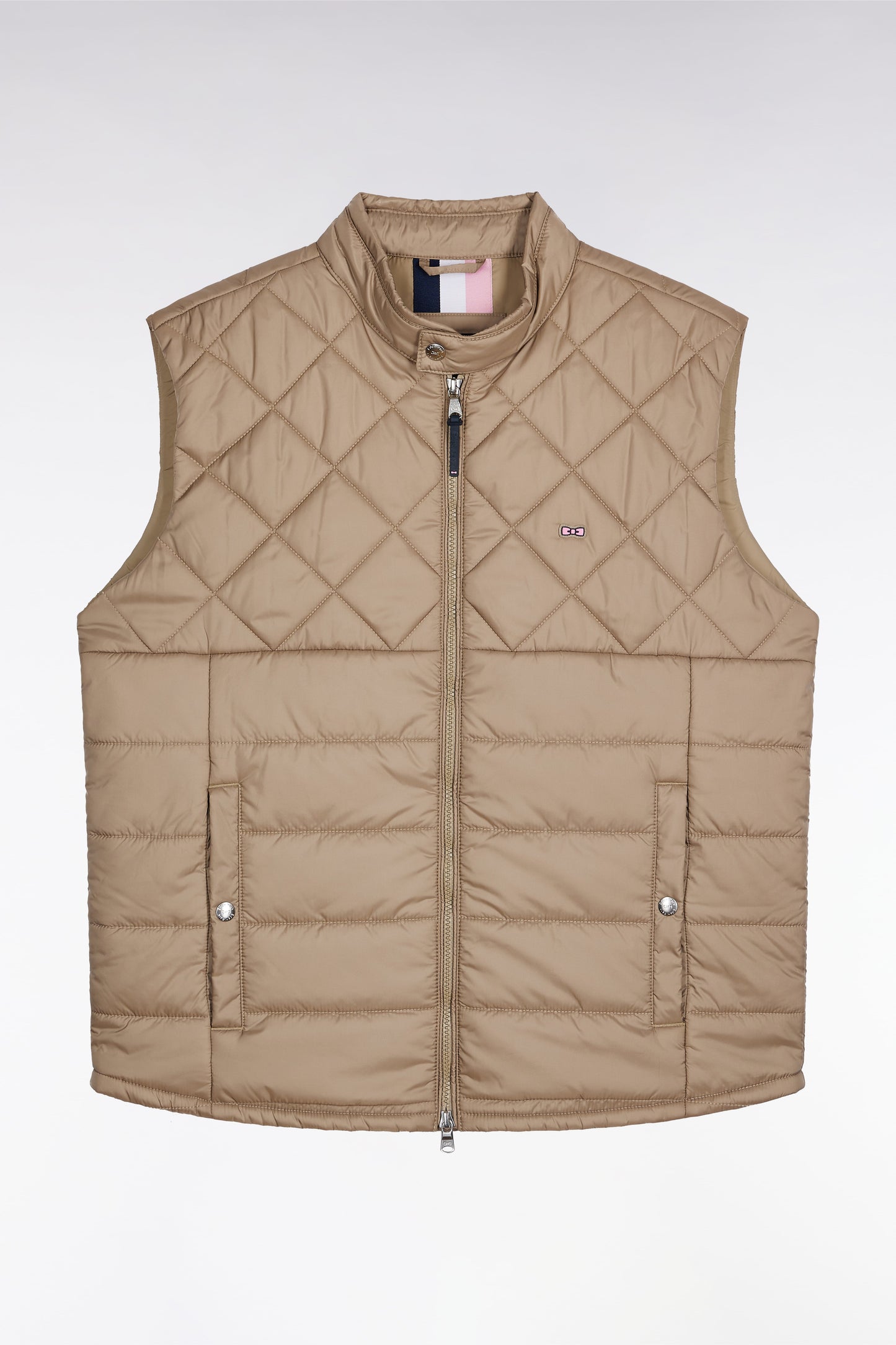 Doudoune sans manches col motard en nylon matelassé beige