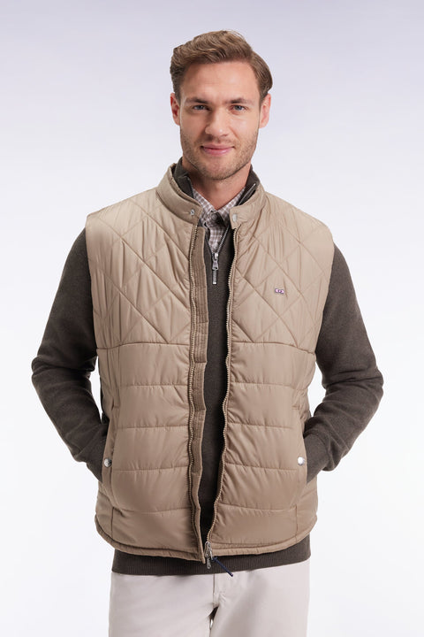 Doudoune sans manches col motard en nylon matelassé beige - Image 1