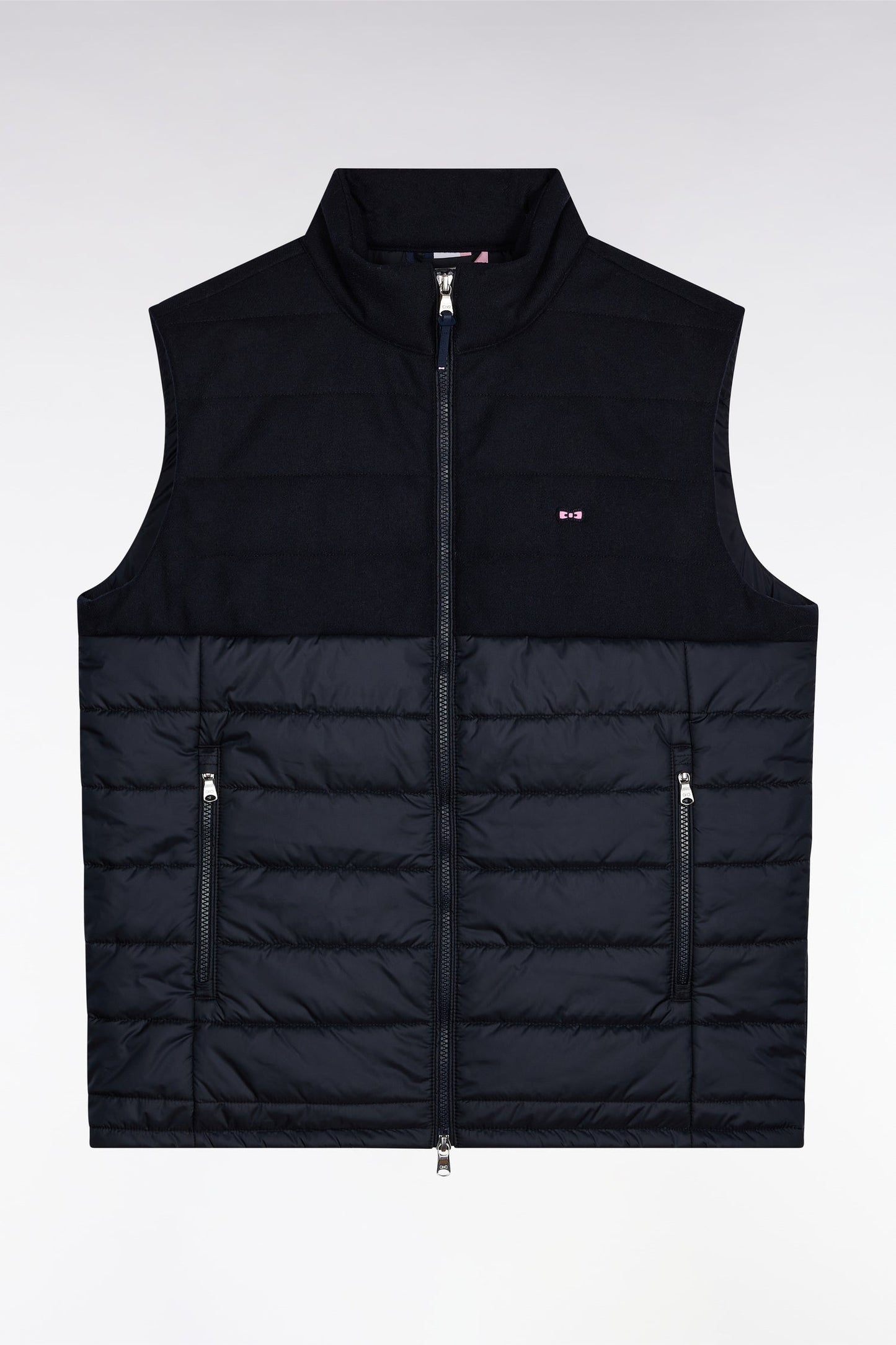 Doudoune sans manches bimatière en nylon et flanelle marine