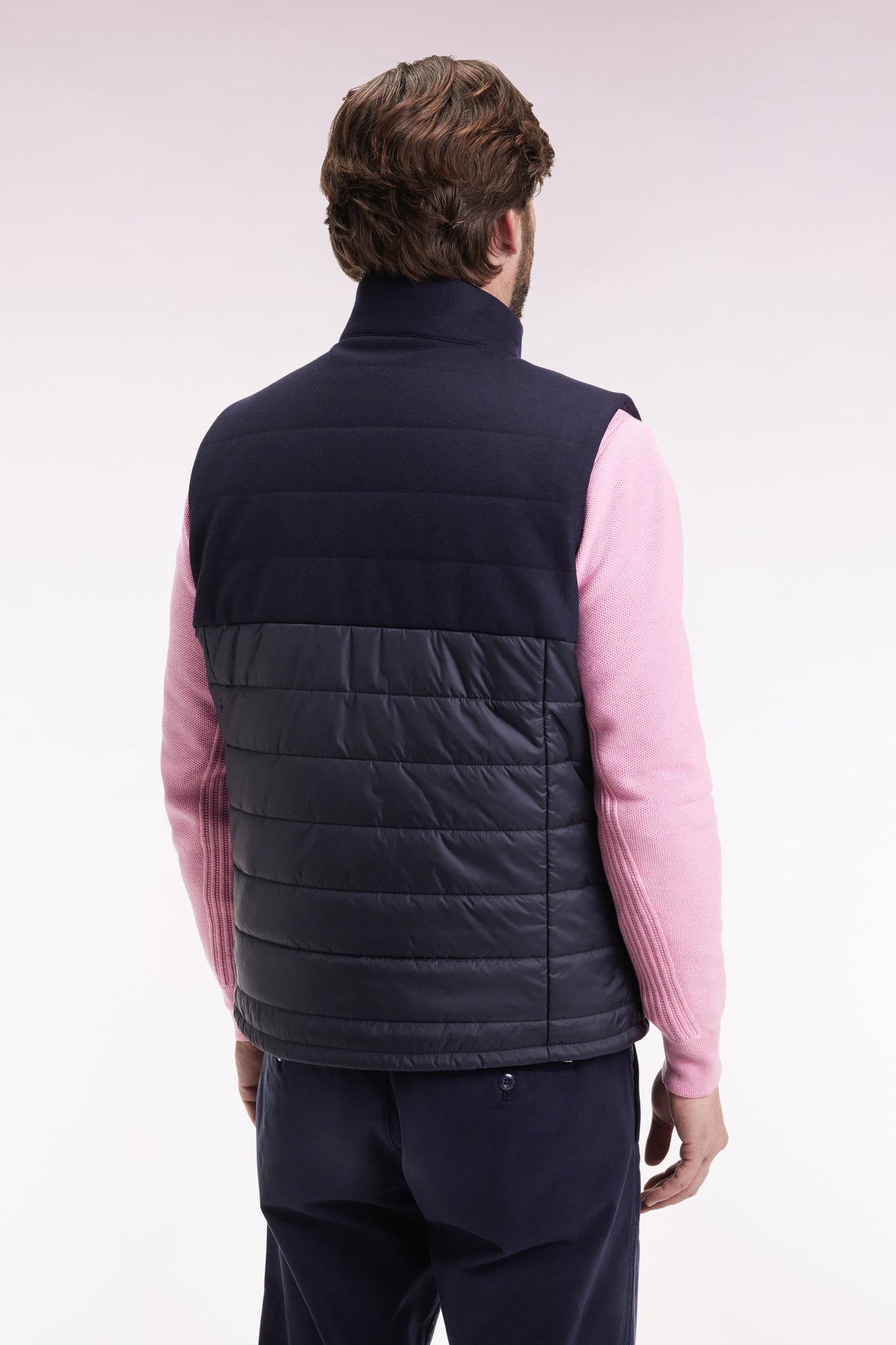 Doudoune sans manches bimatière en nylon et flanelle marine
