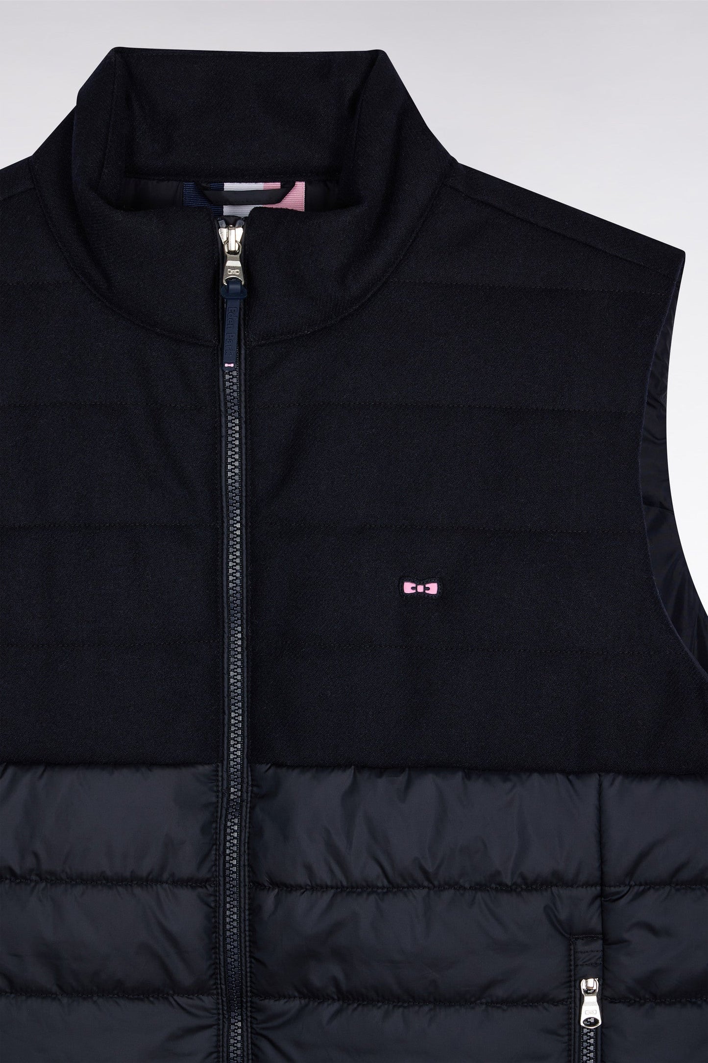Doudoune sans manches bimatière en nylon et flanelle marine