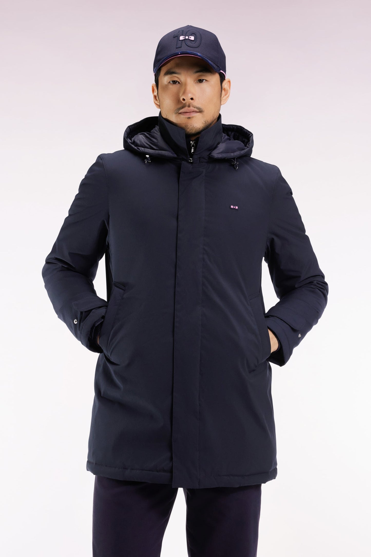 Imperméable long en nylon marine à capuche amovible