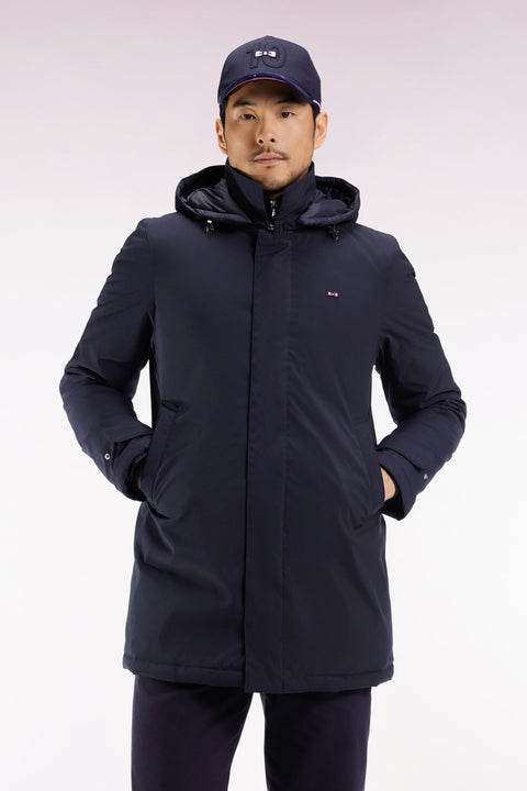 Imperméable long en nylon marine à capuche amovible - Image 1