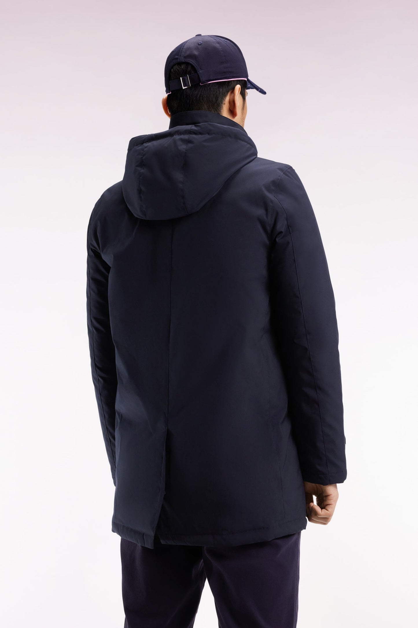 Imperméable long en nylon marine à capuche amovible