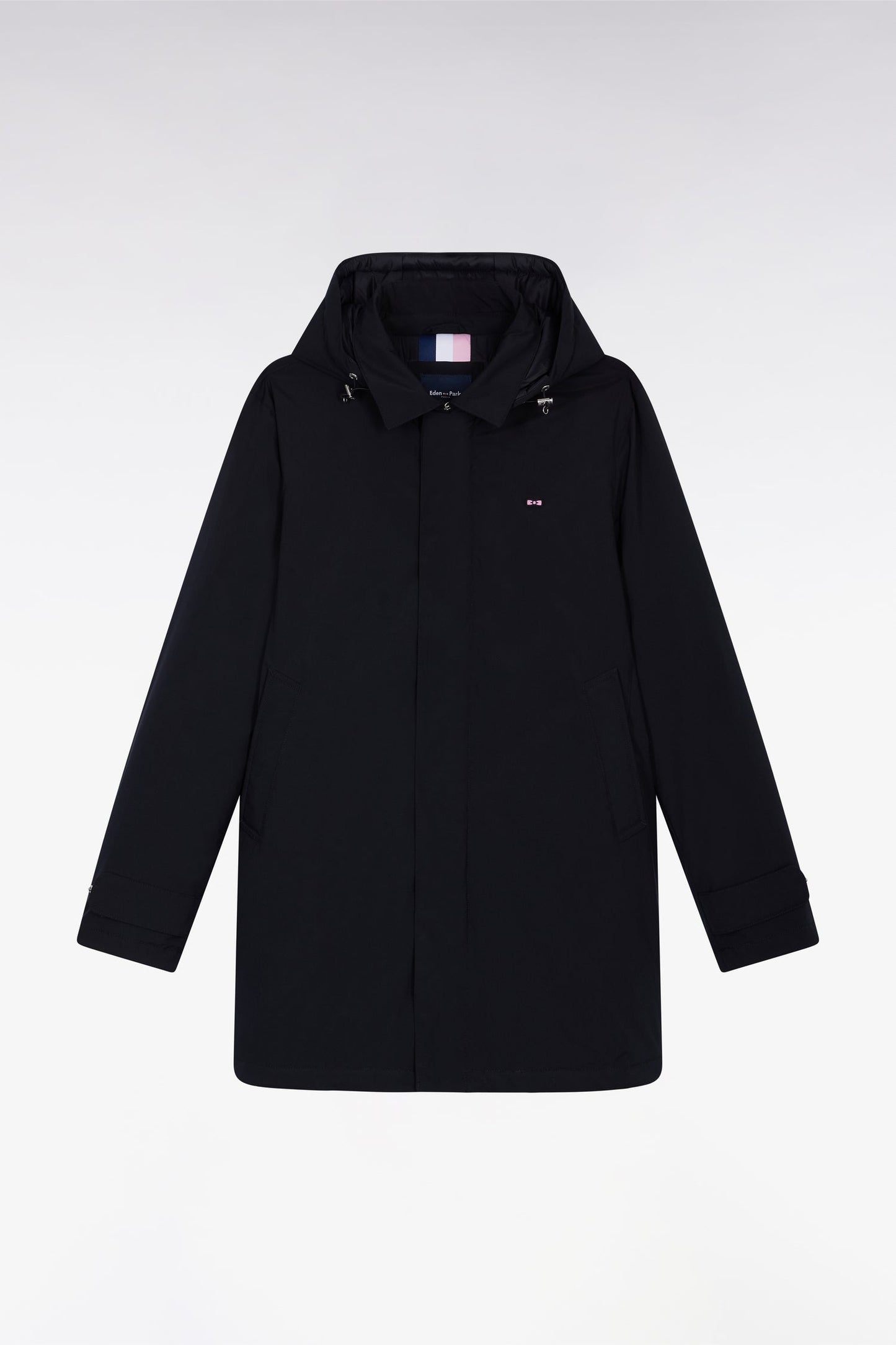 Imperméable long en nylon noir à capuche amovible