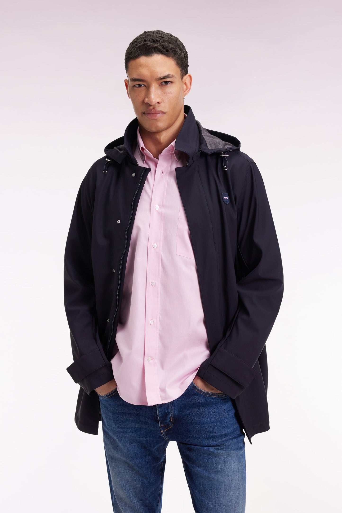 Imperméable long en jersey double face marine à capuche amovible