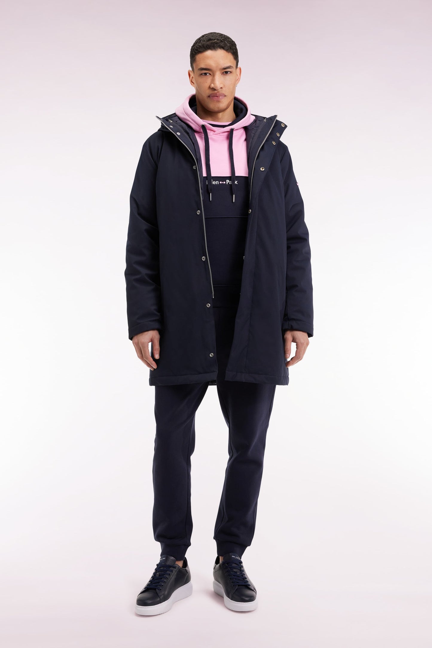 Parka longue 2-en-1 en nylon marine à capuche intégrée