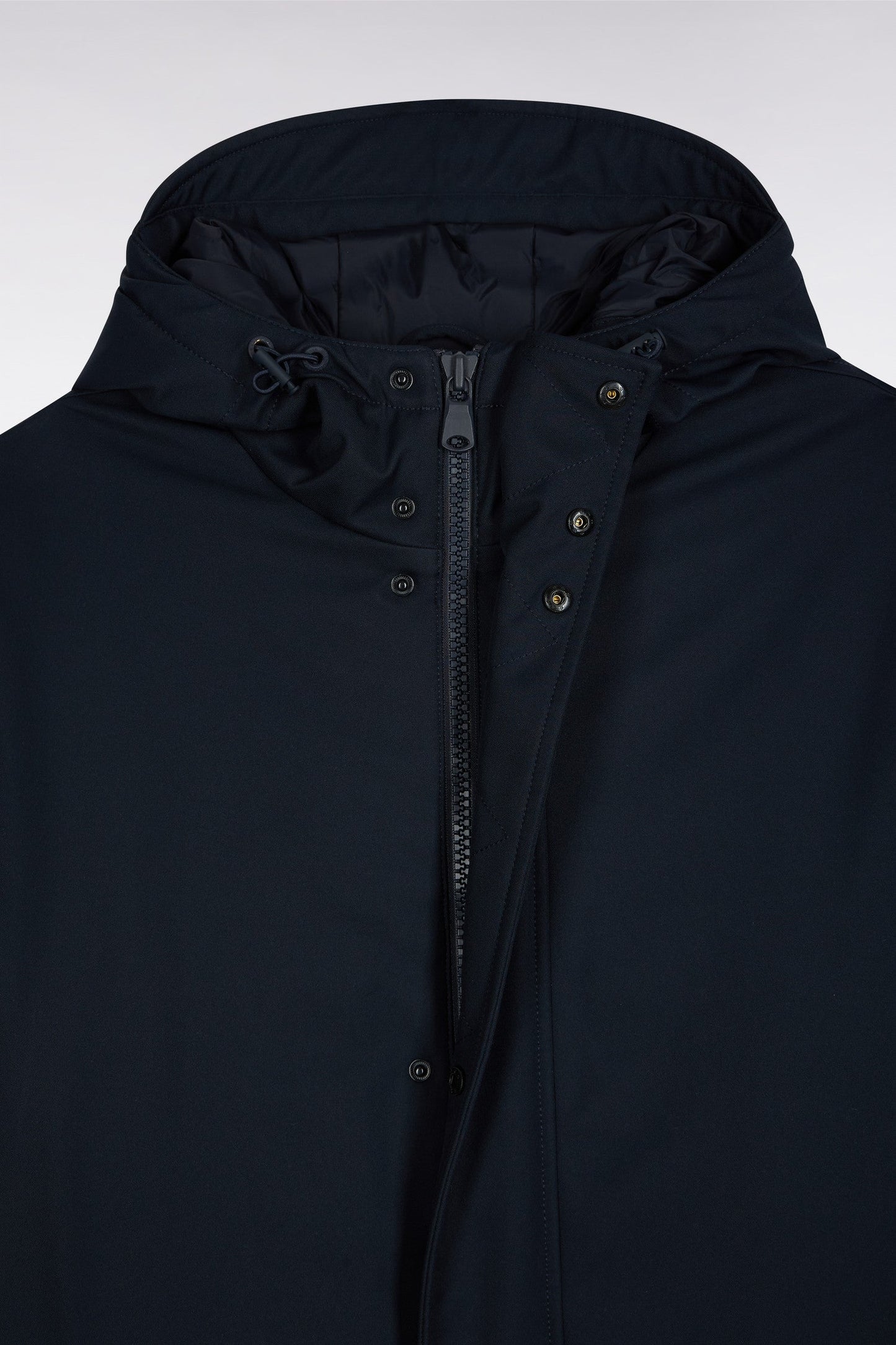 Parka longue en nylon marine à capuche intégrée