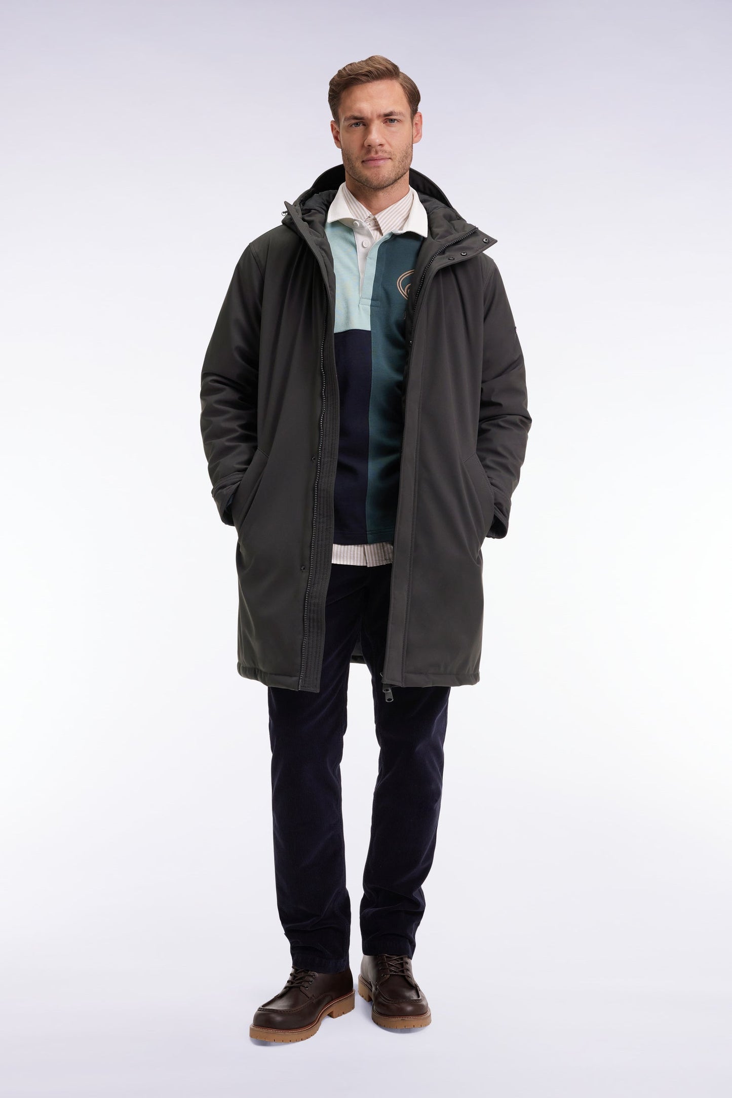 Parka longue en nylon kaki à capuche intégrée