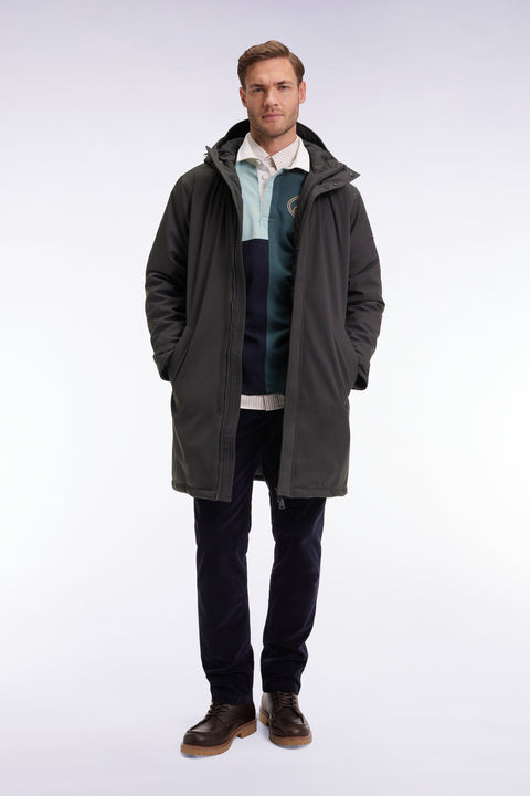 Parka longue en nylon kaki à capuche intégrée - Image 1