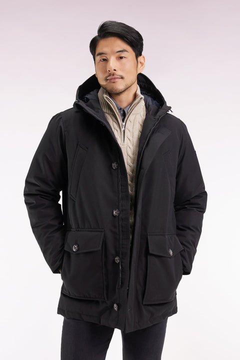 Parka courte en nylon noir à poches plaquées - Image 1