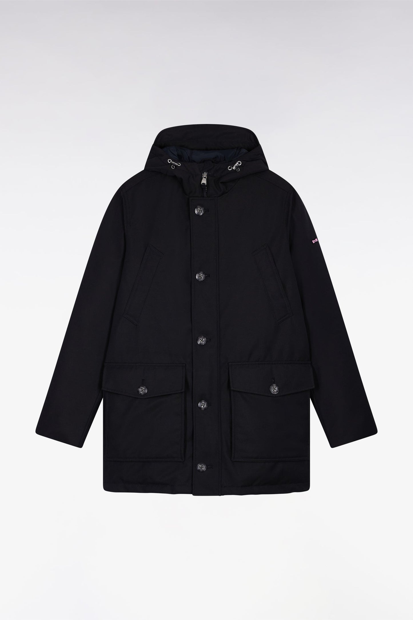 Parka courte en nylon noir à poches plaquées