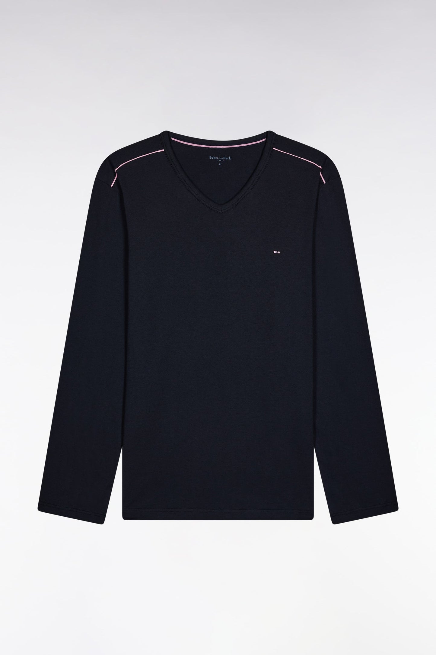 Pyjama long en jersey de coton uni marine passepoils roses