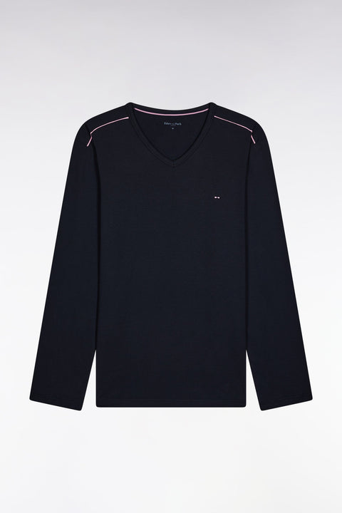 Pyjama long en jersey de coton uni marine passepoils roses - Image 1