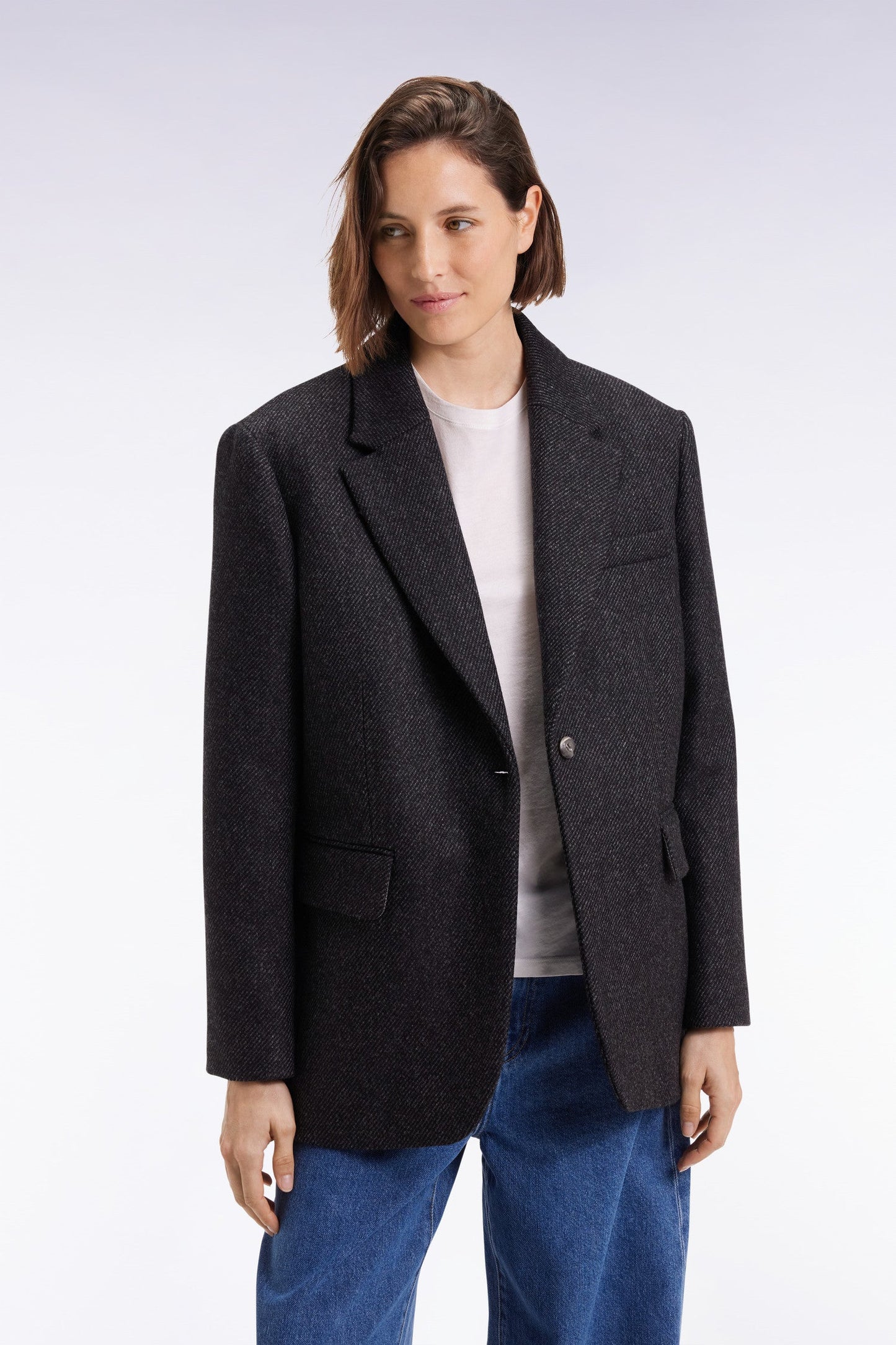 Veste blazer en twill de laine gris coupe Oversized