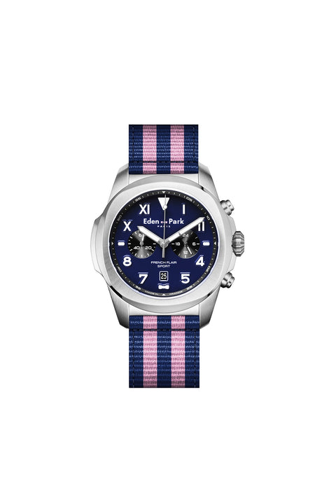 Montre à quartz chronographe fond bleu bracelet NATO rayé - Image 1