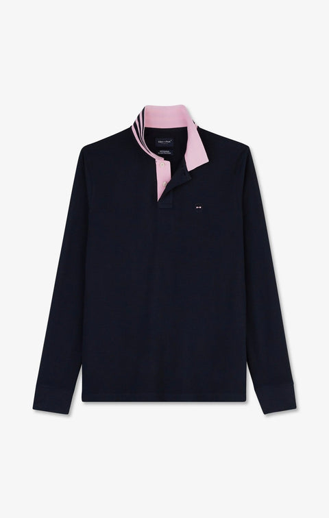 Polo manches longues bleu marine en coton avec col contrasté - Image 2