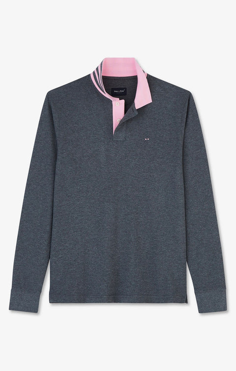 Polo manches longues gris en coton avec col contrasté - Image 2