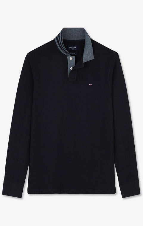 Polo manches longues noir en coton avec col contrasté - Image 2